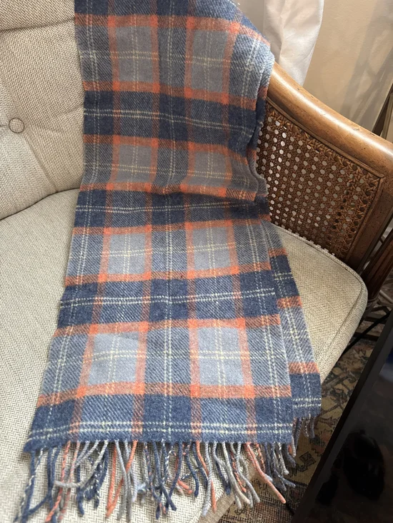 Plaid Fringe Throw Blanket in Blue and Orange