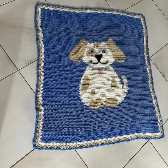 Handmade Crochet Knitted Puppy Dog Baby Blanket Blue 34x36 Nursery Decor