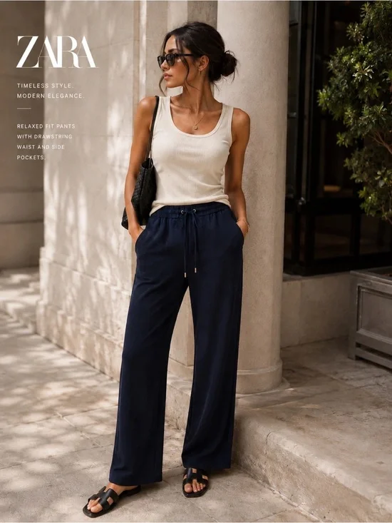 ZARA Navy Relaxed Drawstring Pants | Coastal Quiet Luxury Wide Leg Trousers