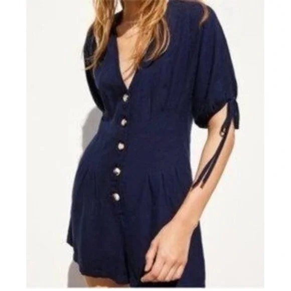 Zara Button Front Romper Womens M Navy Blue Short Sleeve Linen Blend Casual