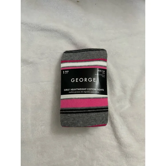 NEW Girls George Tights Size 7-10 Gray Pink Striped Heavyweight Cotton