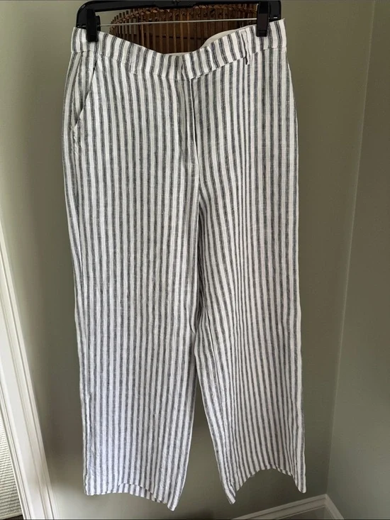 Women’s Charcoal Gray and White Striped Linen-Blend Pants