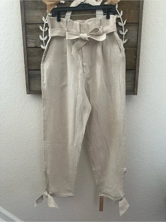 Reformation Norman Pant High-Waist Tie Belt Linen Pants Neutral Beige size 12