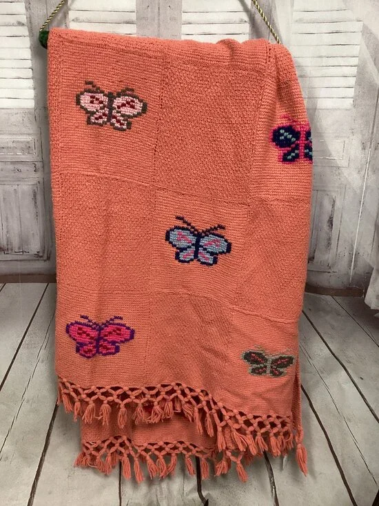 Hand Crochet Blanket Butterflies Salmon Orange Color 60x90