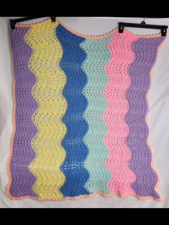 Handmade Crochet Knit Blanket Pastel Rainbow Ripple Throw Nursery Grannycore 45