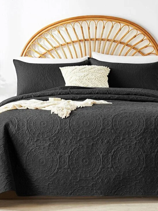 Black Embossed Reversible Lightweight 3-Piece Quilt Set