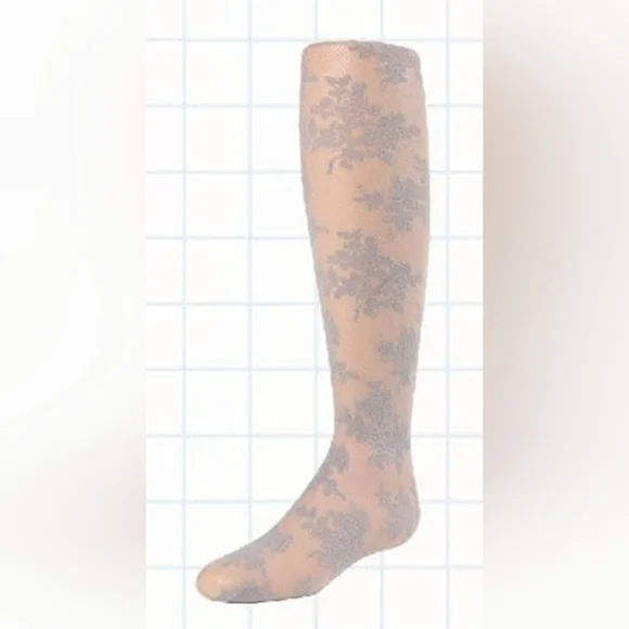 [NWT] MeMoi Fancy Floral Girls Sheer Tights Silver Gray Girls Size 12-14