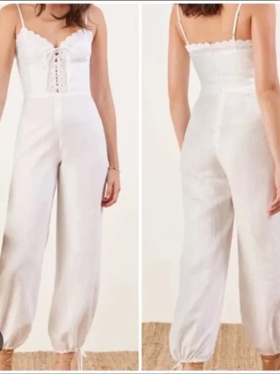 Reformation Rose Jumpsuit 100% Linen Lightweight Lace Tie Front V Neck White 10