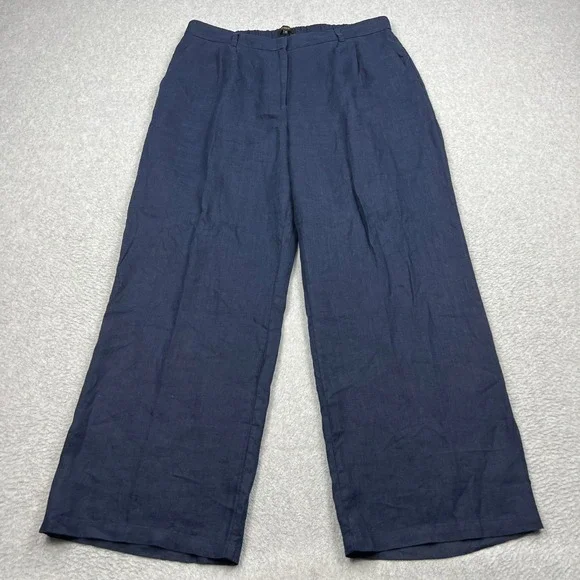 Quince Pleated Trouser Womens 16 Navy 100%  European Linen Wide Leg Elastic Back