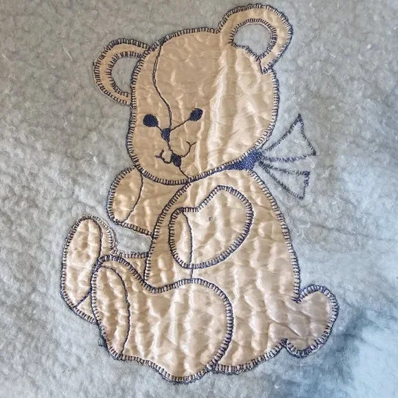Quiltex Vintage Blue Acrylic Baby Blanket Teddy Bear Satin Trim 36 x 43”‎ ILGWU