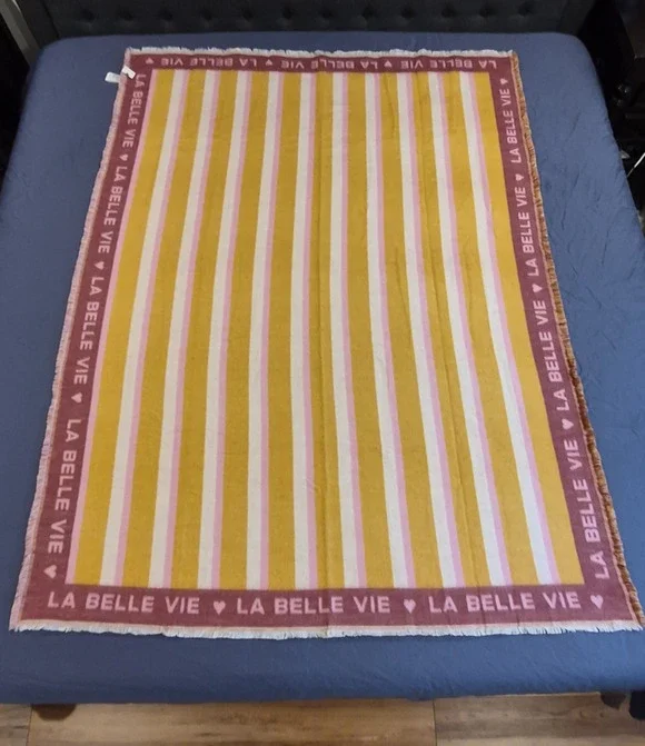Anthropologie Cozy La Belle Vie Fringed Woven Throw Blanket Pink Yellow 50x70