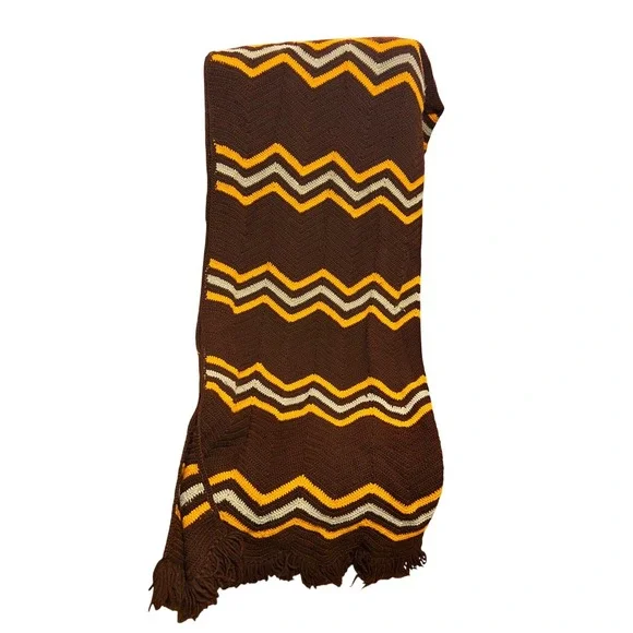 Handmade Crochet Throw Blanket Brown Orange Cream Excellent Retro 70s Chevron‎