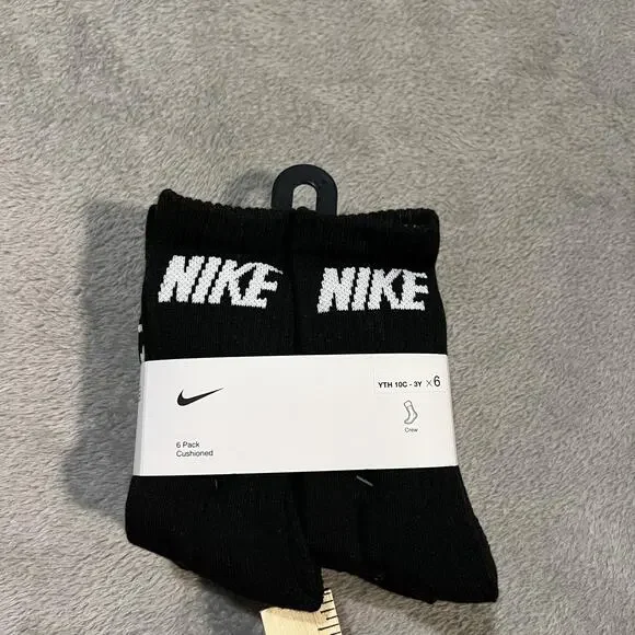 Nike Socks Black Cushioned Crew 6 Pack YTH 10C-3Y Swoosh Logo
