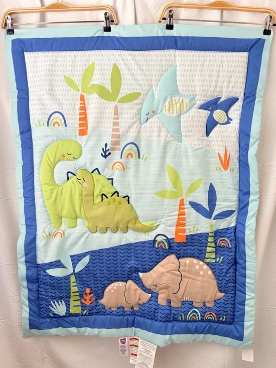 Baby Dinosaur & Elephant Quilted Throw Blanket - Blue & Green