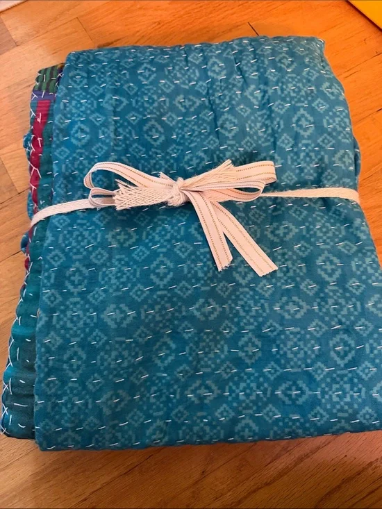 Handmade cotton BOHO Teal Kantha Quilt Blanket