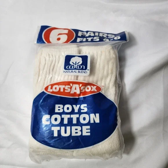 Lots-A-Sox Boys White Cotton Tube Socks 6 Pairs Fits 4-6‎ Made in USA Vintage