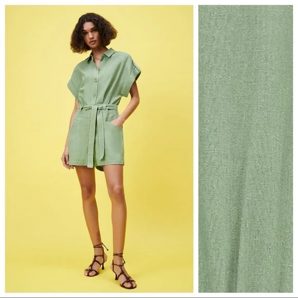 NWT. Zara Green Linen/Viscose Blend Topstitched Short Jumpsuit. Size S.