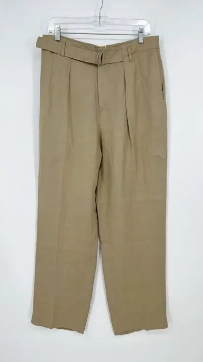 Zara Studio Collection Linen Blend Trouser Pant Womens 30 Tan Pleated High Waist
