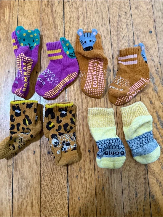 Bombas Toddler Gripper Socks-  Animal & Stripe in Purple, Brown, Yellow, Teal