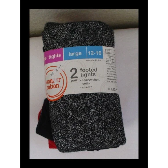 Wonder Nation Girls Footed Tights 2 Pack Size 12-16 Red & Silver Glitter NEW