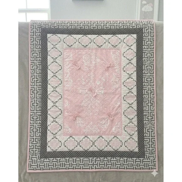 Lambs & Ivy Crib Blanket Comforter Baby Toddler Nursery Pink Black Paris Bow‎