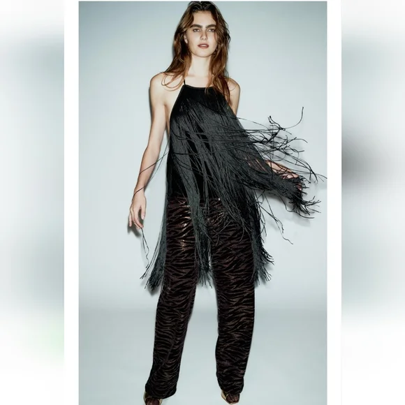 ZARA  Fringed Velvet Halter Top Black Size XS