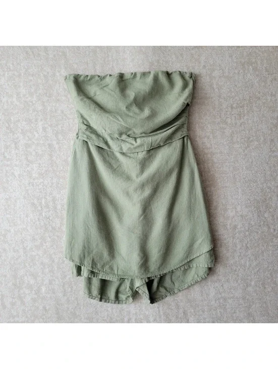 Zara Linen Strapless Tie Back Romper Womens Large Olive Green Shorts Minimalist