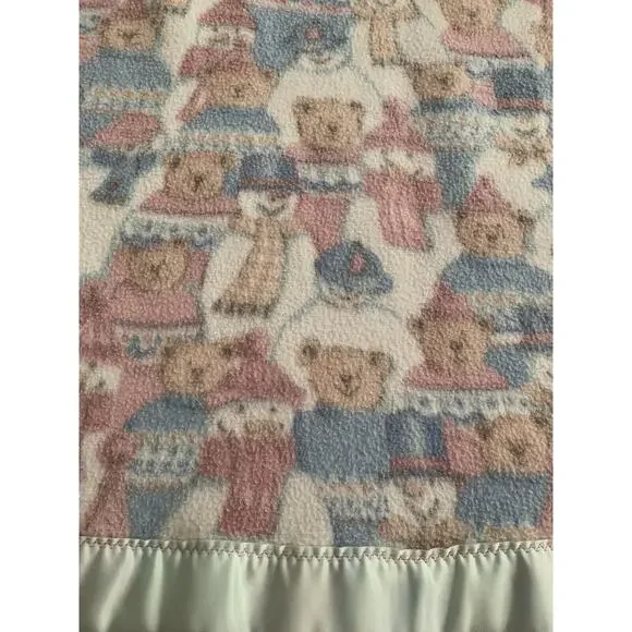 Vintage‎ Baby Blanket Teddy Bear Snowman Fleece Acrylic Trim 51 X 39