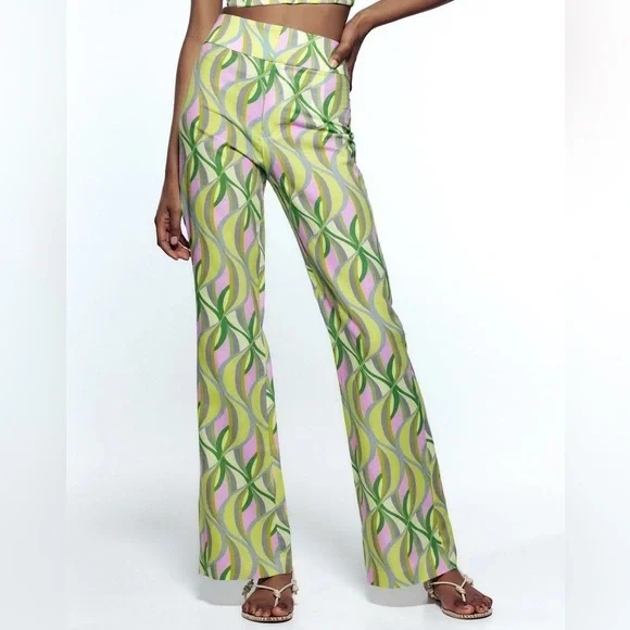 NWOT Zara Printed Linen Blend Flared Trousers, Multicolor Geometric Print, Sz S