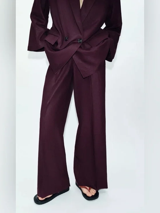 Zara NWT Linen Straight Leg Pants Burgundy Wide Leg Relaxed Tailored Trousers