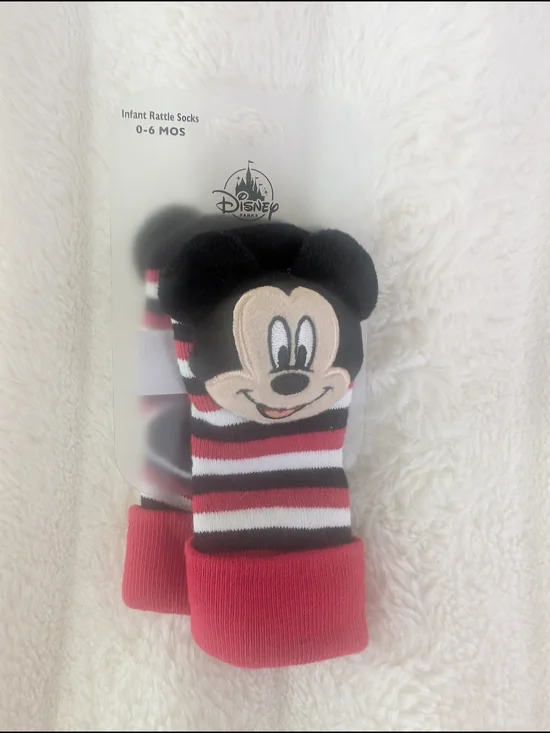 Disney Infant Mickey Mouse Red Black White Striped Rattle Socks