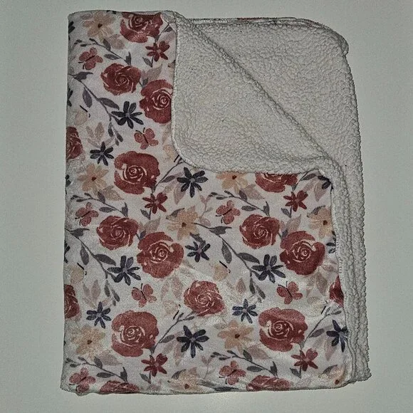 Chick Pea Pink Purple Gray Rose Floral Baby Blanket Soft Fleece Sherpa 30x40