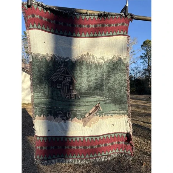 Mountain Lakefront Cabin Throw Blanket Thick Vintage 44x68