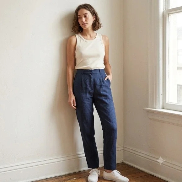 Zara Womens Pants Large Navy Blue 100% Linen Straight Leg High Rise Seam Detail