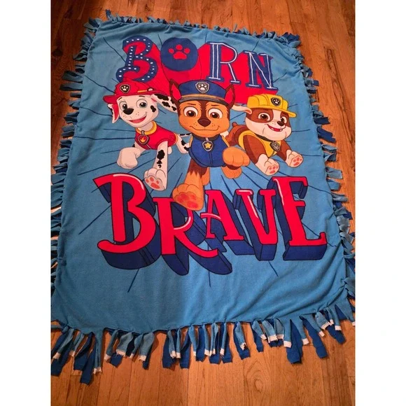 Paw Patrol Born Brave Fleece Tie Blanket Blue Marshall Chase Rubble Kids Throw