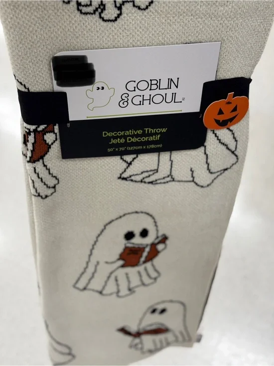 Goblin & Ghoul Halloween Ghost reading book Decorative Throw - Cream & Orange