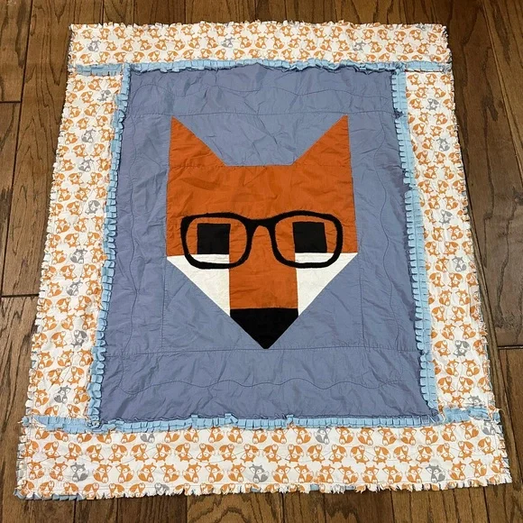 Handmade Fox Wearing Glasses Baby Blanket Quilt 36x42” Blue Orange Foxes