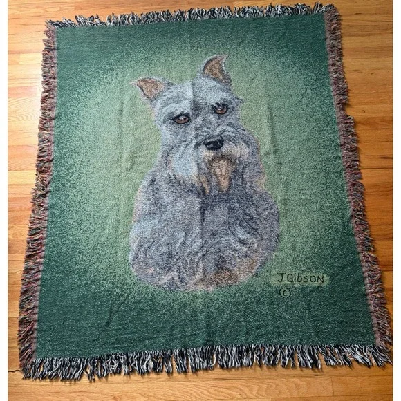 Vintage J Gibson Woven Tapestry Throw Blanket Schnauzer Dog Green Fringed 52x60