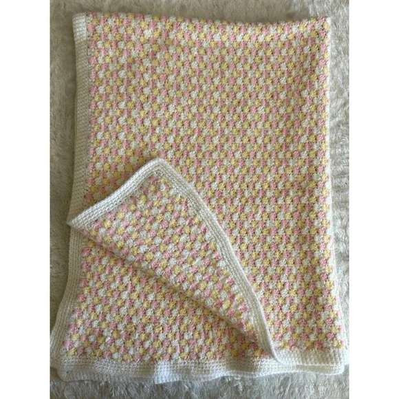 Handmade Crochet Baby Girl Blanket 48x35 Pink Yellow White Pastel Afghan
