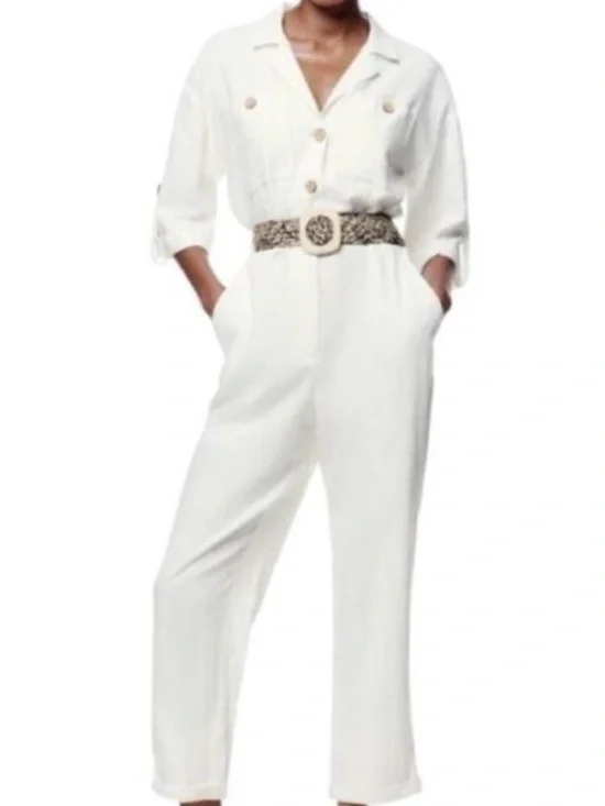 Zara Cream Linen- Blend Utility Jumpsuit with Statement Belt