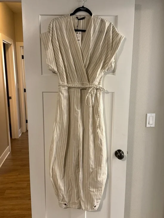 Zara Striped Wrap Barrel Linen Jumpsuit in Cream and Beige