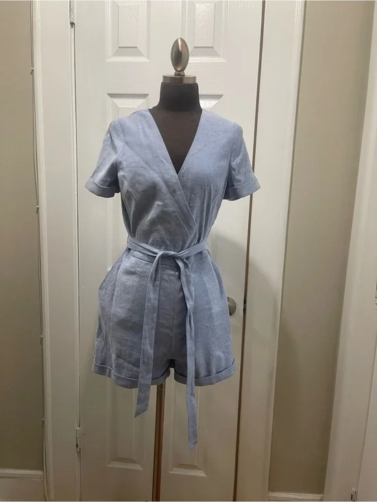 Banana Republic Light Blue Linen Blend Wrap Romper