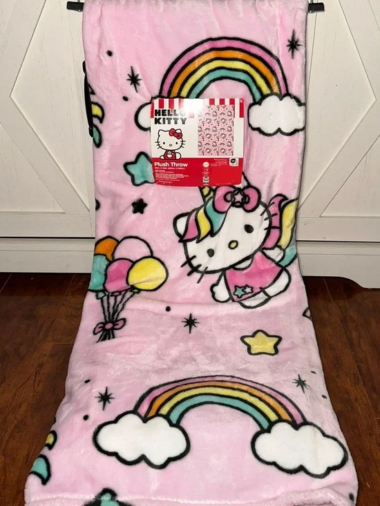 Hello Kitty Pink Rainbow Unicorn with Balloons Plush Throw Blanket