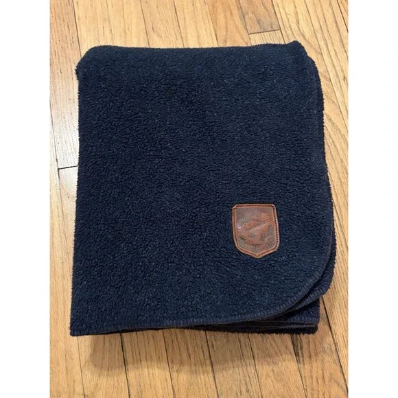 Vtg Ralph Lauren Navy Blue Fleece Throw Blanket Leather Patch 50x68