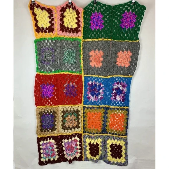 Handmade Crochet Granny Square Lap Blanket Afghan Throw Boho 70s Festival Dorm