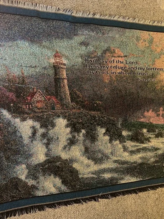 Thomas Kinkade Throw Blanket Conquering the Storms Lighthouse Psalm 91:2 VTG EUC