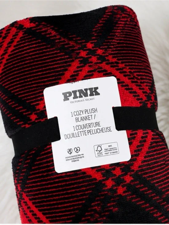 Victoria's Secret Cozy Plush Blanket -Red & Black Plaid Texas Tech & Georgia UGA