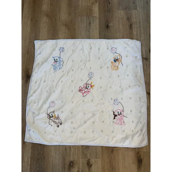 VTG Hand Sewn Cottagecore Whimsygoth Kitten Baby Blanket White Embroidered
