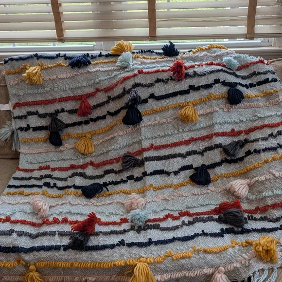 Bohemian Light Blue Pom Pom Throw/Wall Hanging. Global Caravan Approx 59x62