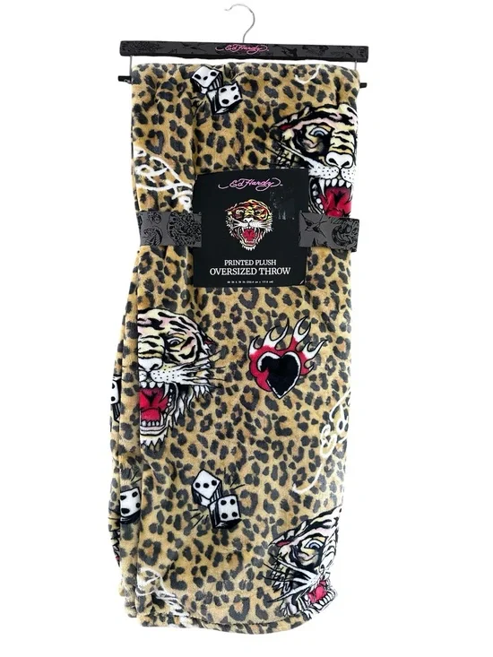 Ed Hardy Oversized Plush Throw Blanket 🤎Leopard Tiger Print 60x70 NWT Soft Cozy